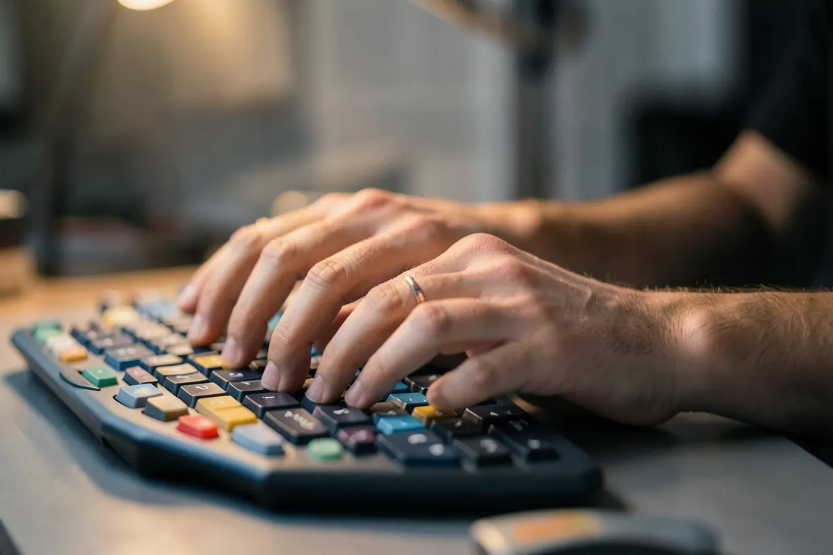Mãos digitando em um teclado com postura correta e apoio para os pulsos.