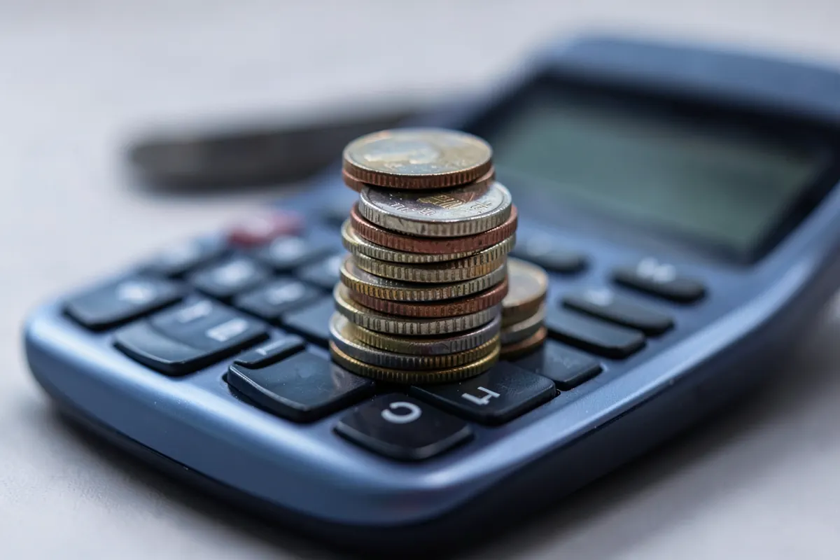 Moedas empilhadas em cima de uma calculadora.