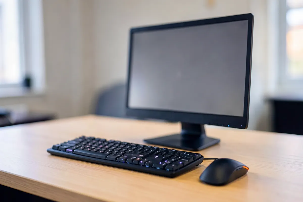 Ergonomia: um teclado e mouse ajustados a um monitor em um escritório.