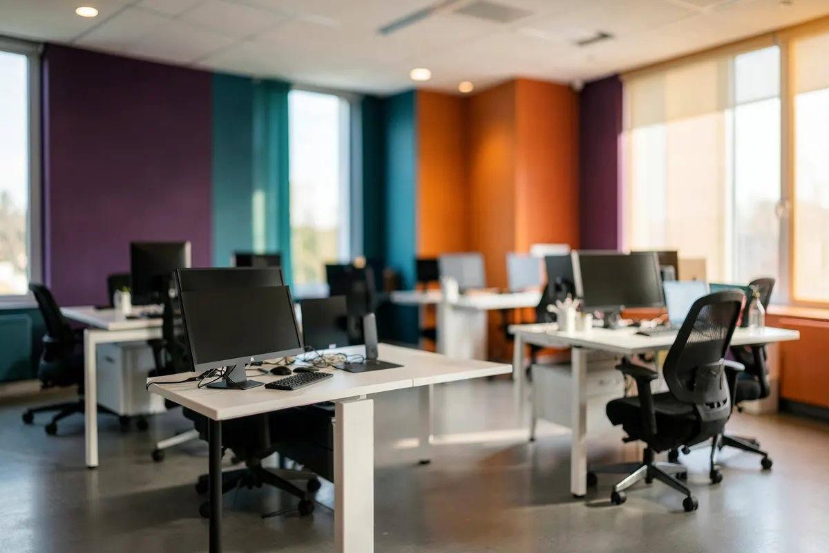 Pessoas trabalhando em um escritório com boa iluminação e cadeiras ergonômicas.