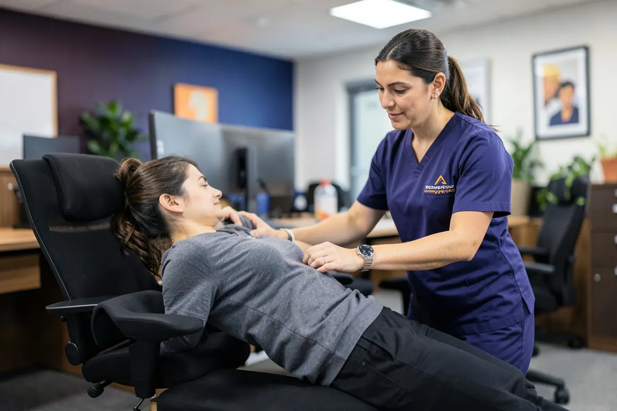 Ambiente de escritório com equipamentos ergonômicos e um fisioterapeuta demonstrando exercícios de alongamento para um trabalhador em primeiro plano.