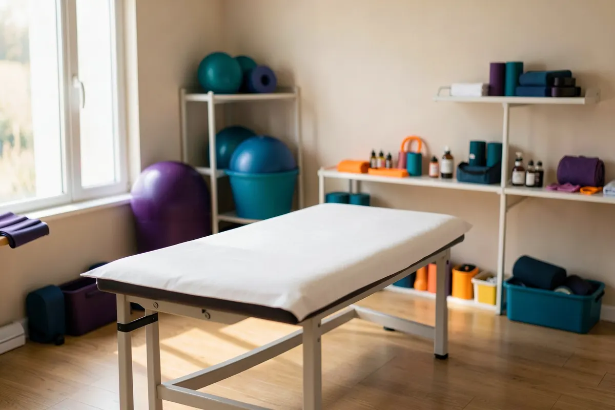 Sala de consultório de fisioterapia clínica com maca, equipamentos de reabilitação e materiais terapêuticos organizados.