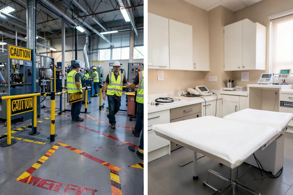 Comparação visual lado a lado de um ambiente de fábrica com foco em prevenção de lesões e um consultório médico com foco em tratamento de pacientes.