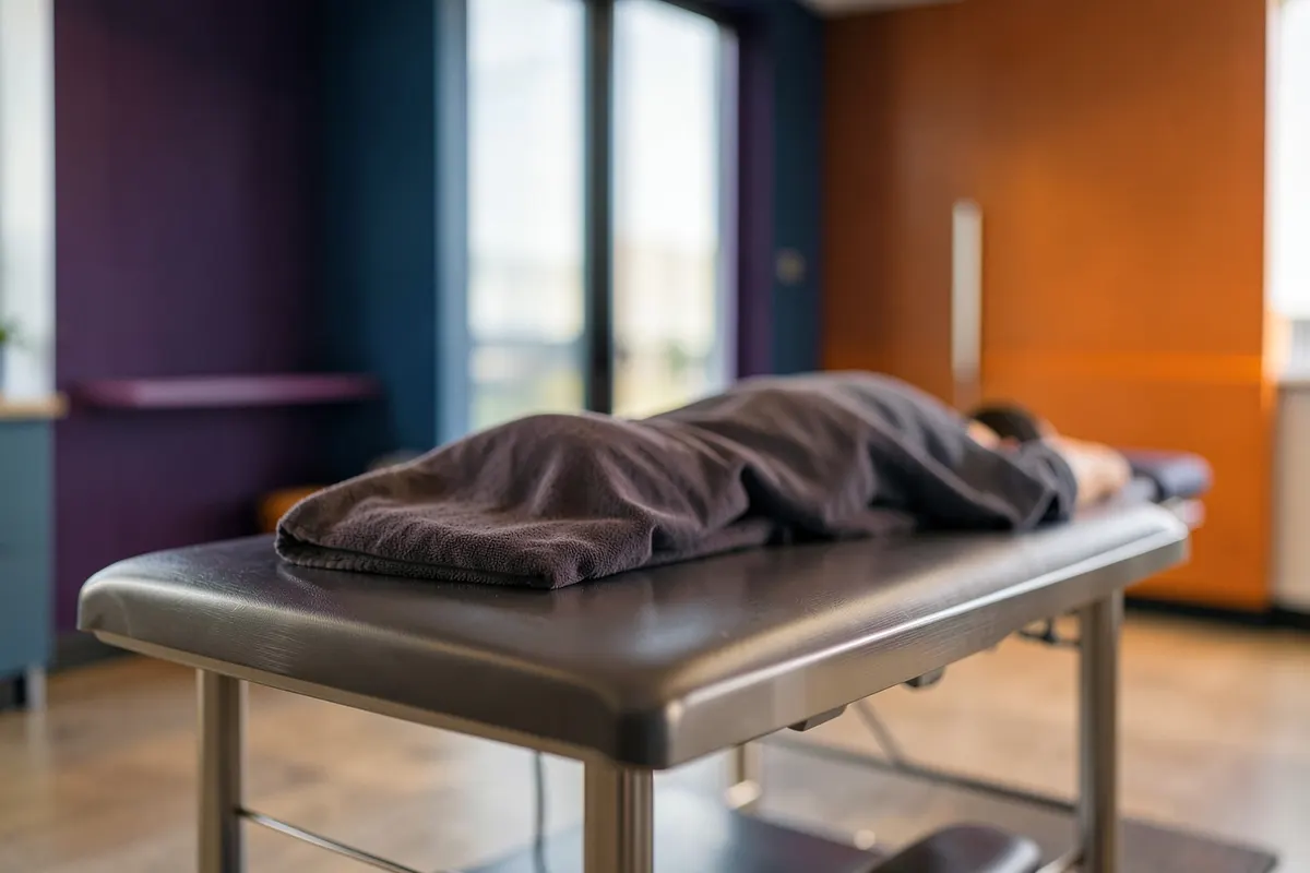Paciente em uma maca recebendo massagem terapêutica de um fisioterapeuta em um consultório moderno.