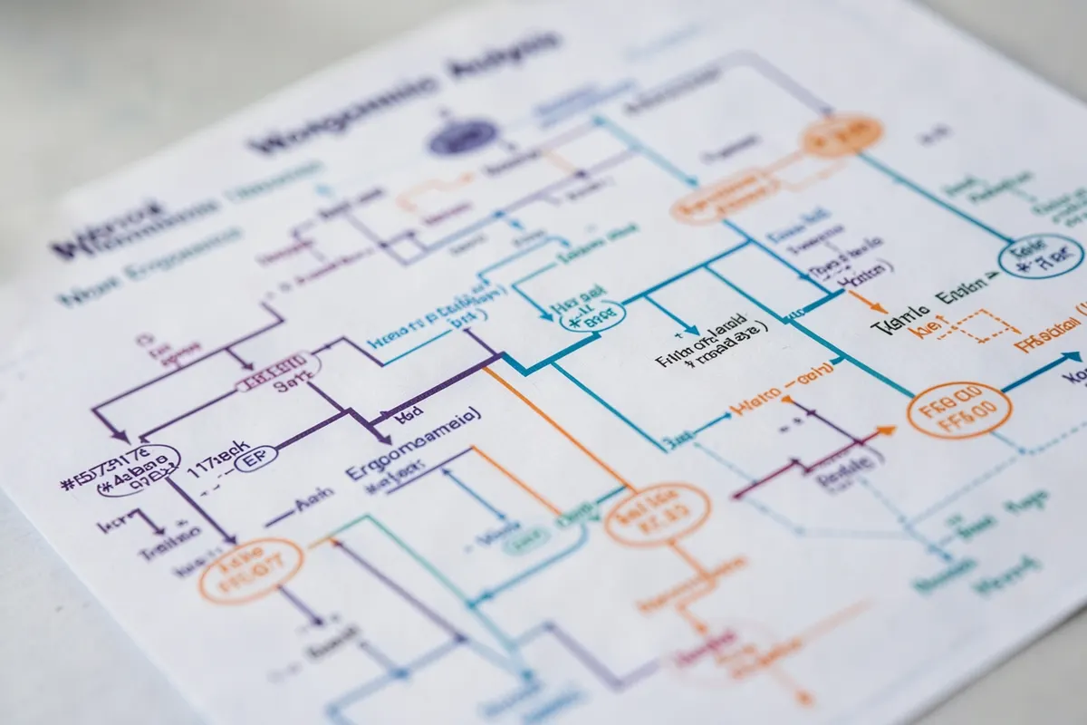 Diagrama de fluxo detalhado representando as fases de uma Análise Ergonômica do Trabalho (AET), com mais complexidade que a AEP.