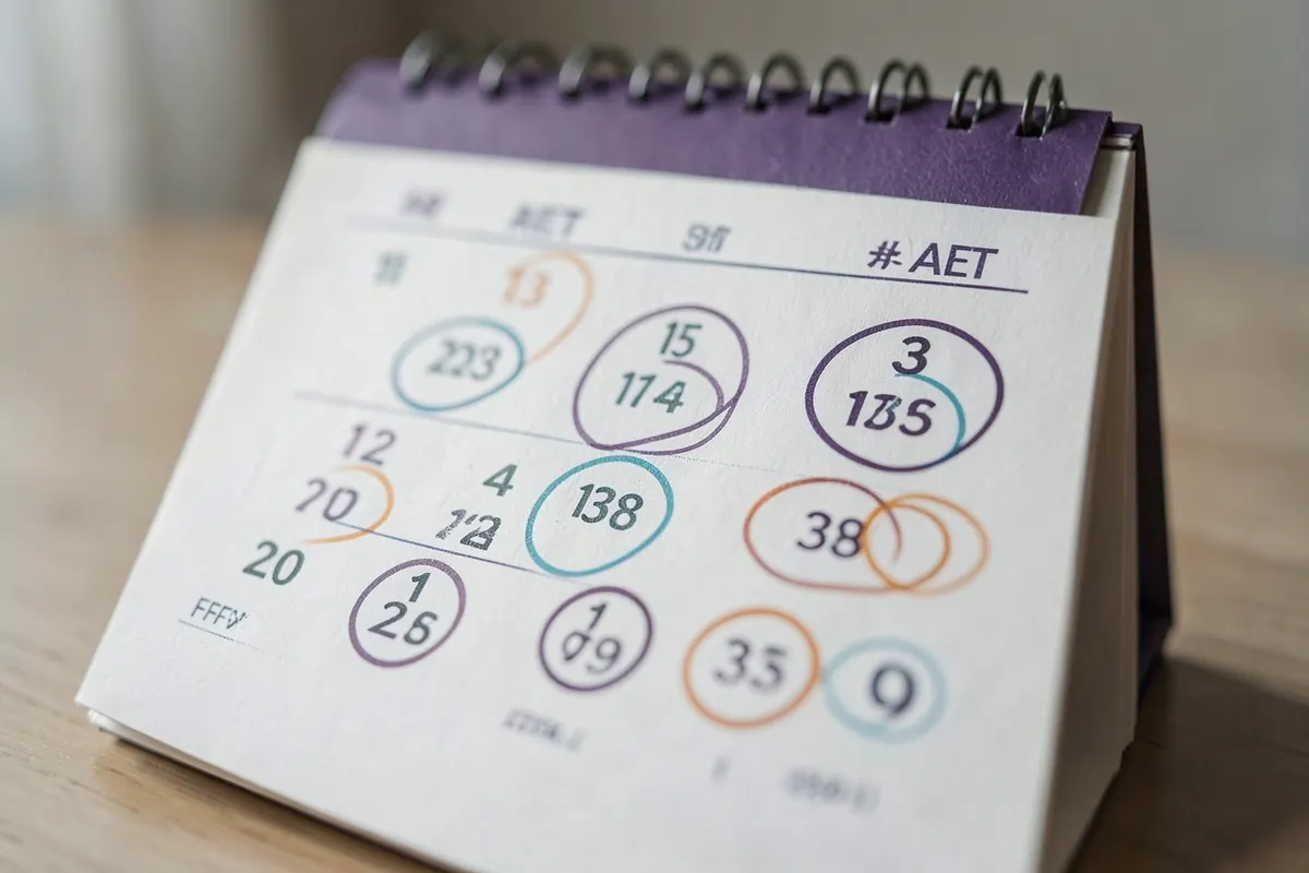 Calendário com vários círculos destacados em datas diferentes, indicando a periodicidade para realizar uma AET.