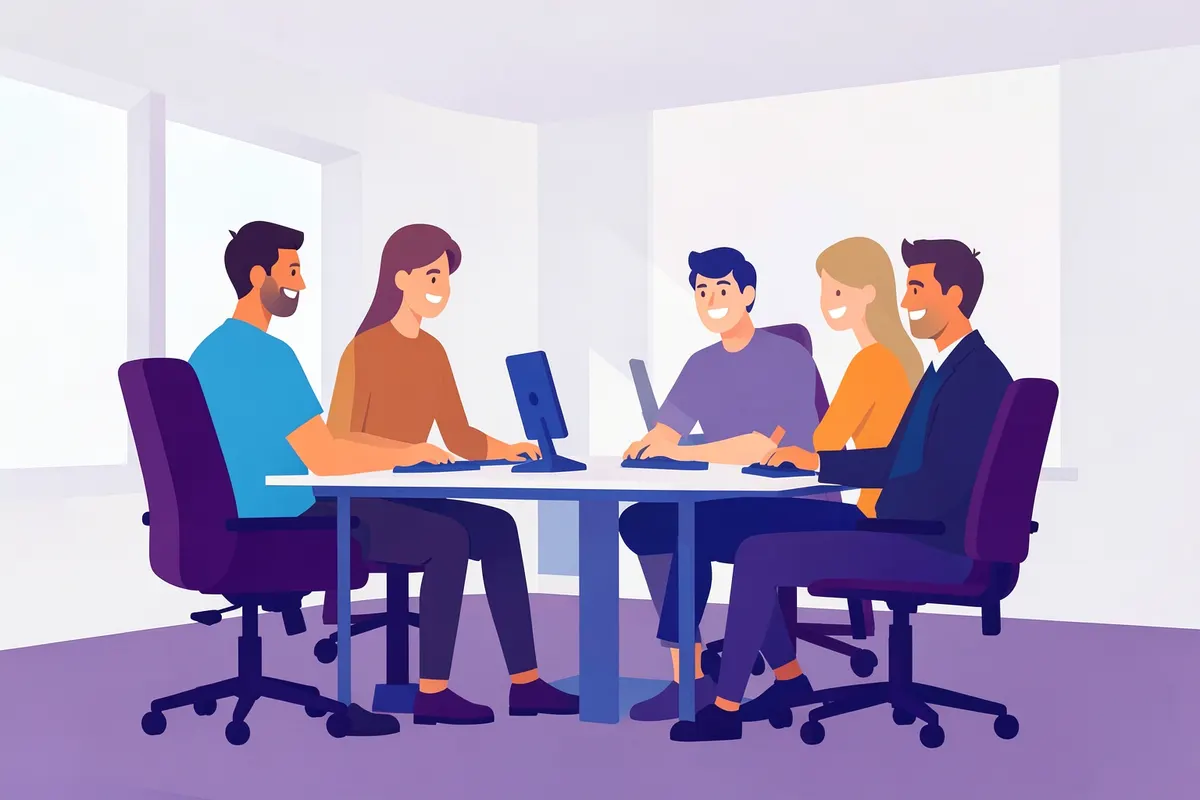 Pessoas sorrindo e trabalhando confortavelmente em um escritório moderno e bem iluminado, com equipamentos ergonômicos.