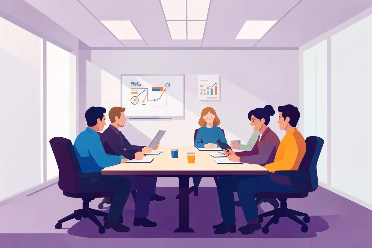 Reunião de equipe em uma sala de conferências discutindo um plano de ação com foco em ergonomia e bem-estar no trabalho.