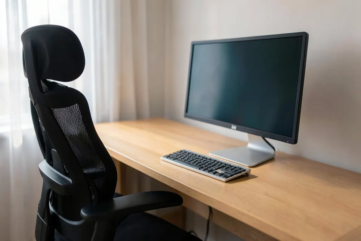 Um espaço de trabalho de escritório com uma cadeira ergonômica, um monitor de computador e um teclado em uma mesa de madeira, com luz natural entrando pela janela.