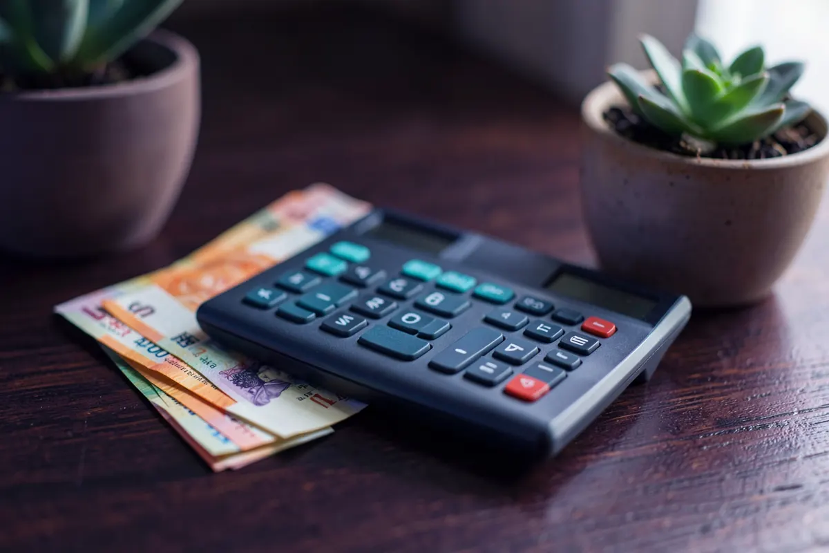 Uma calculadora e notas de dinheiro dobradas sobre uma mesa de madeira escura, com uma pequena planta de escritório ao lado.