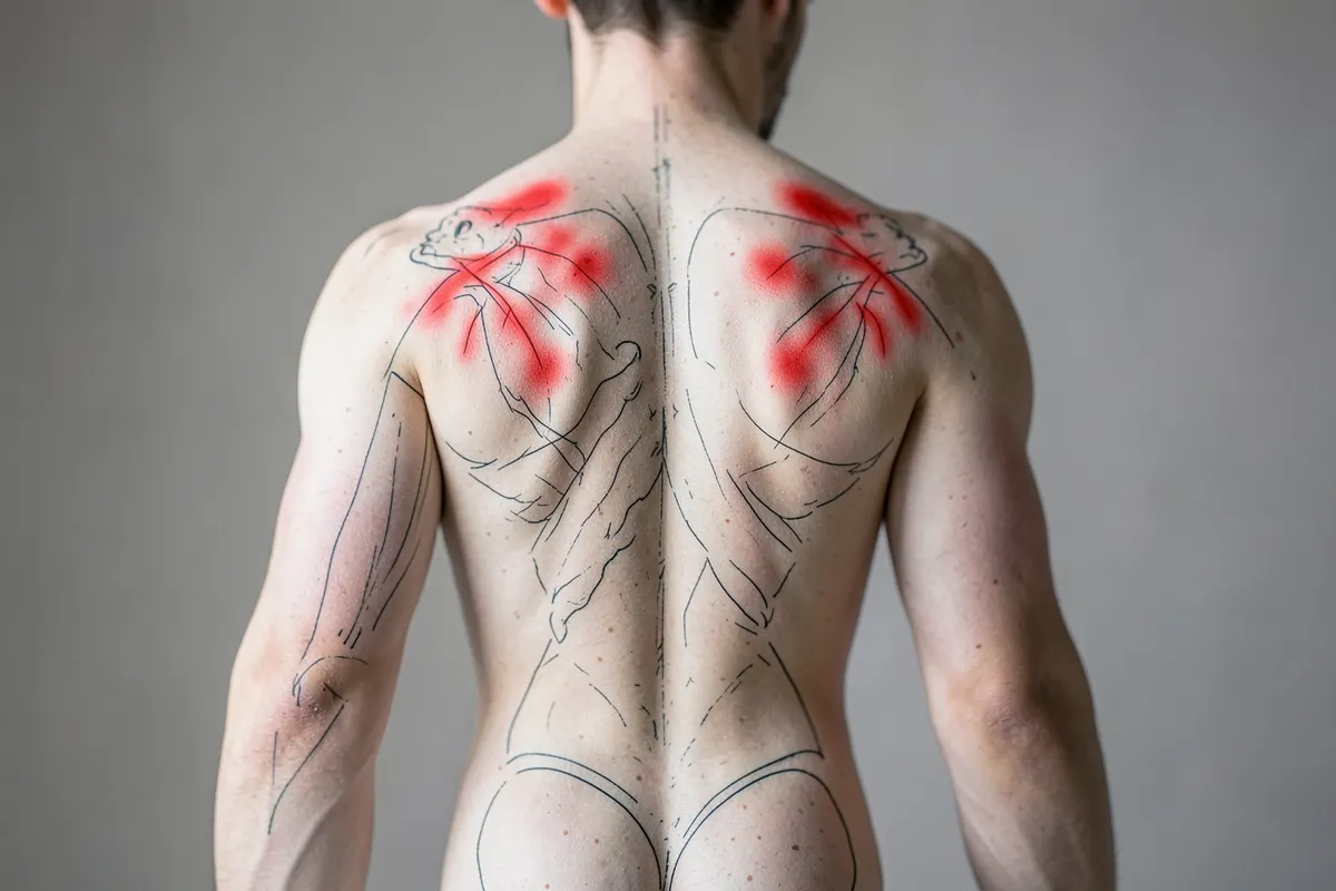 Um diagrama de um corpo humano com áreas destacadas em vermelho nas costas e ombros, indicando pontos de dor ou tensão.