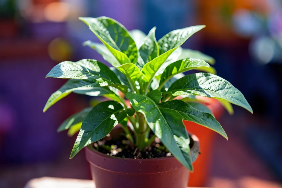 Uma planta crescendo em um vaso, com folhas verdes vibrantes, simbolizando saúde e desenvolvimento.
