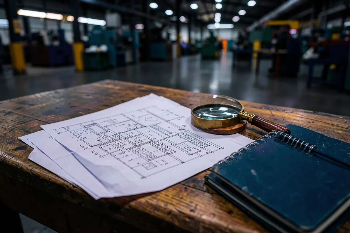 Um profissional analisando um layout de fábrica com anotações em um bloco de notas.