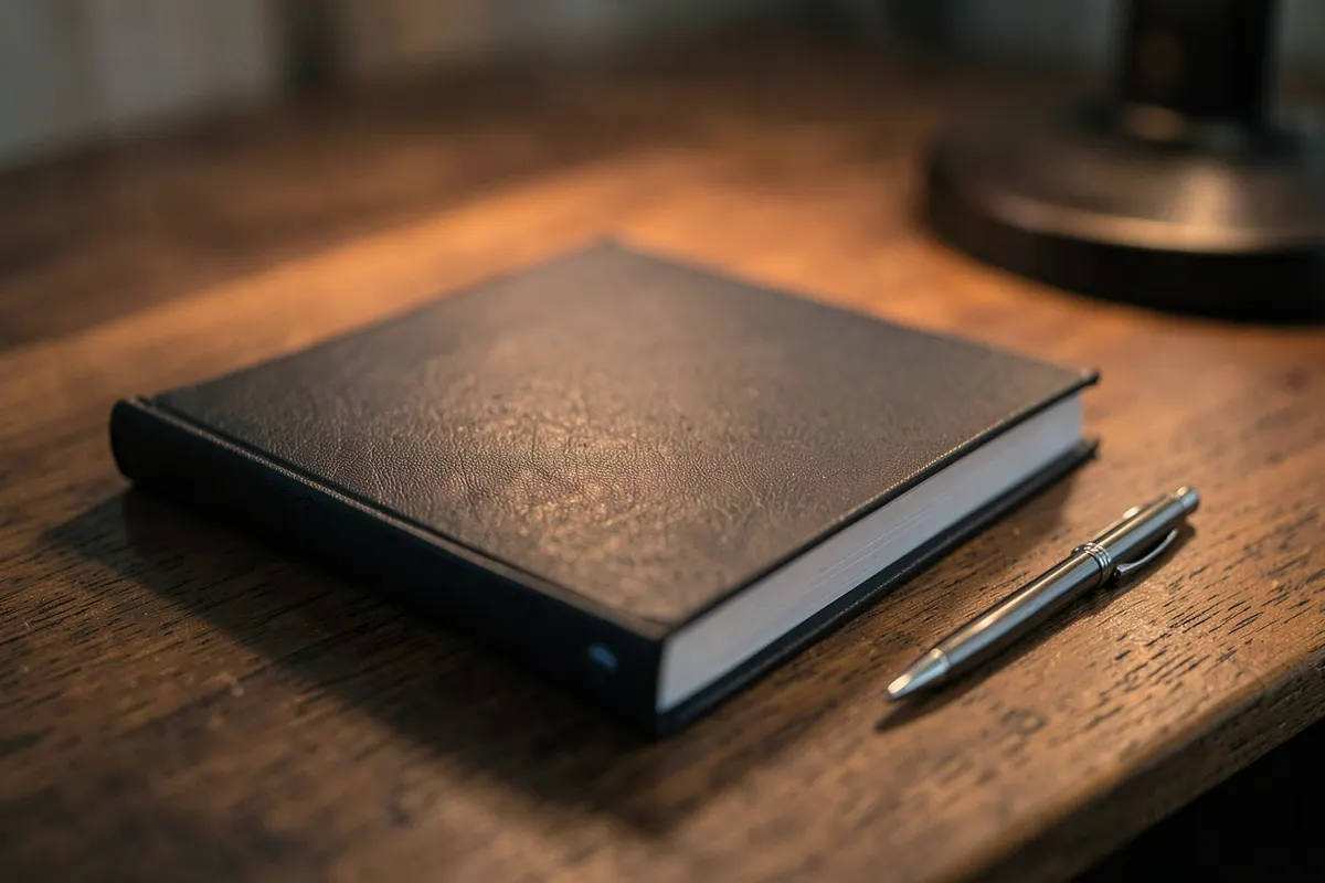 Um relatório encadernado sobre uma mesa de escritório com uma caneta ao lado.