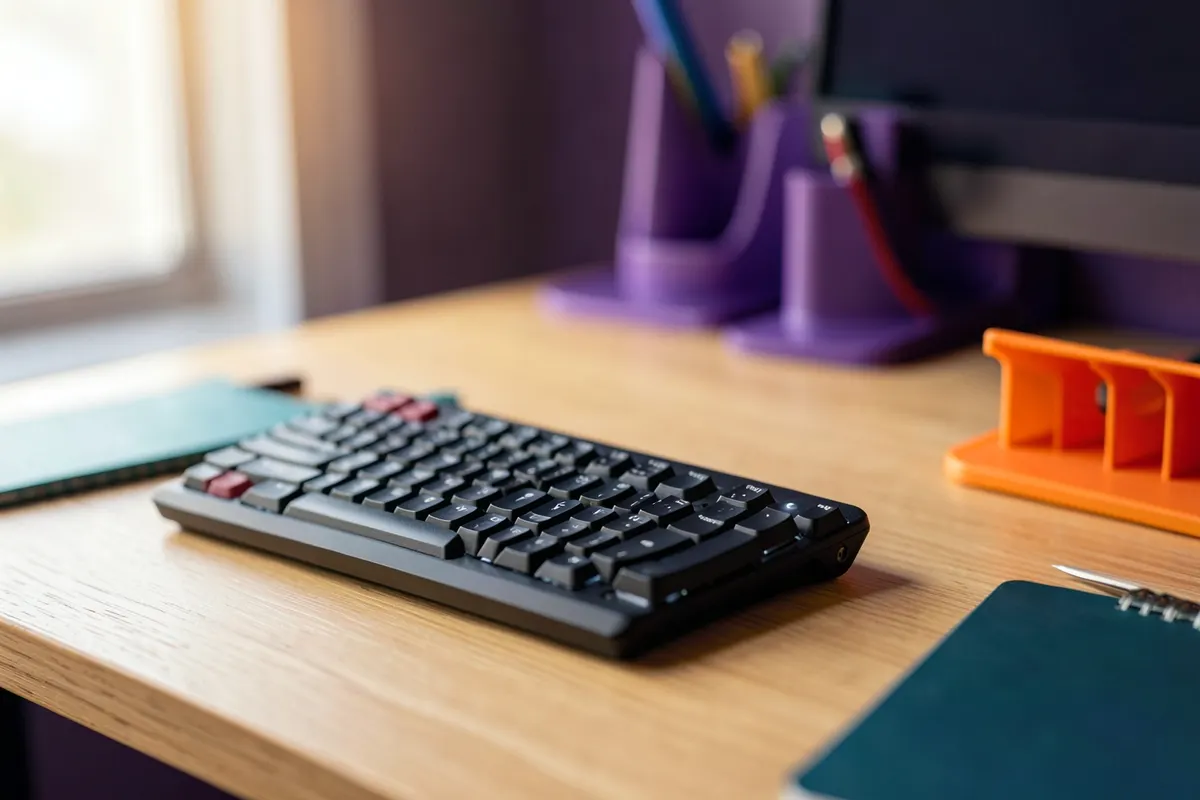 Uma pessoa trabalhando em um computador com postura correta em uma mesa ajustável.