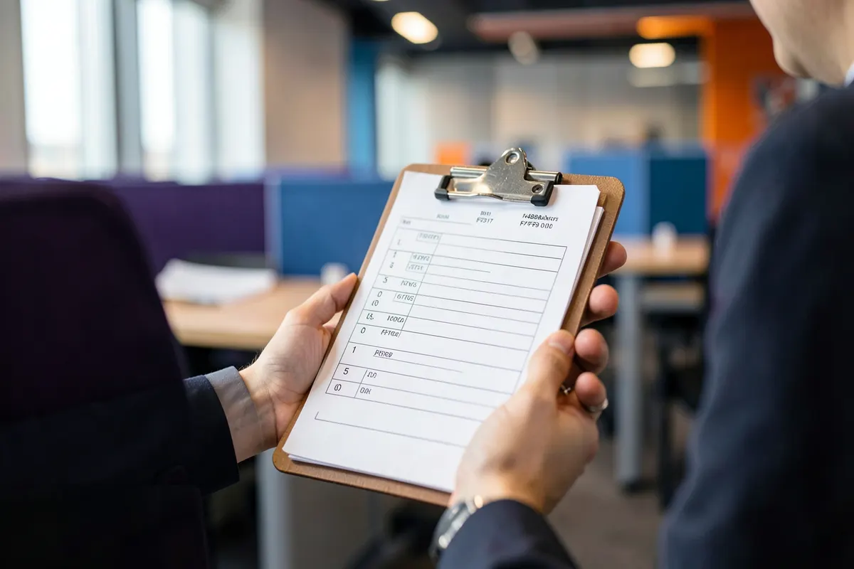 Um consultor analisando um layout de escritório com um checklist.