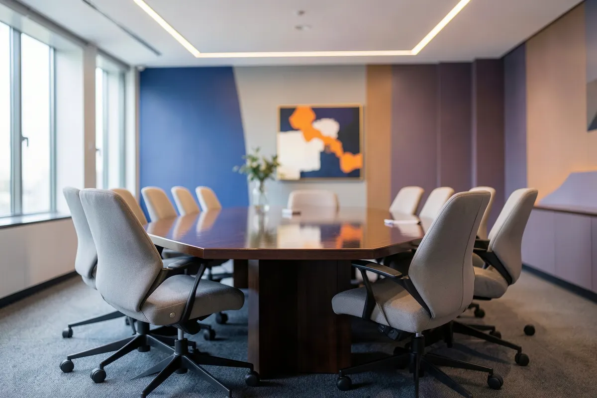 Uma sala de reunião com uma mesa e cadeiras ergonômicas, pronta para uma apresentação.