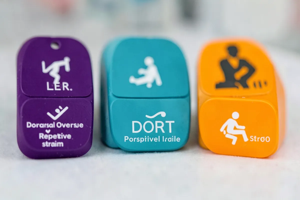 Conjunto de ícones representando diferentes tipos de riscos ergonômicos: L.E.R., D.O.R.T., esforço repetitivo, postura inadequada, estresse.
