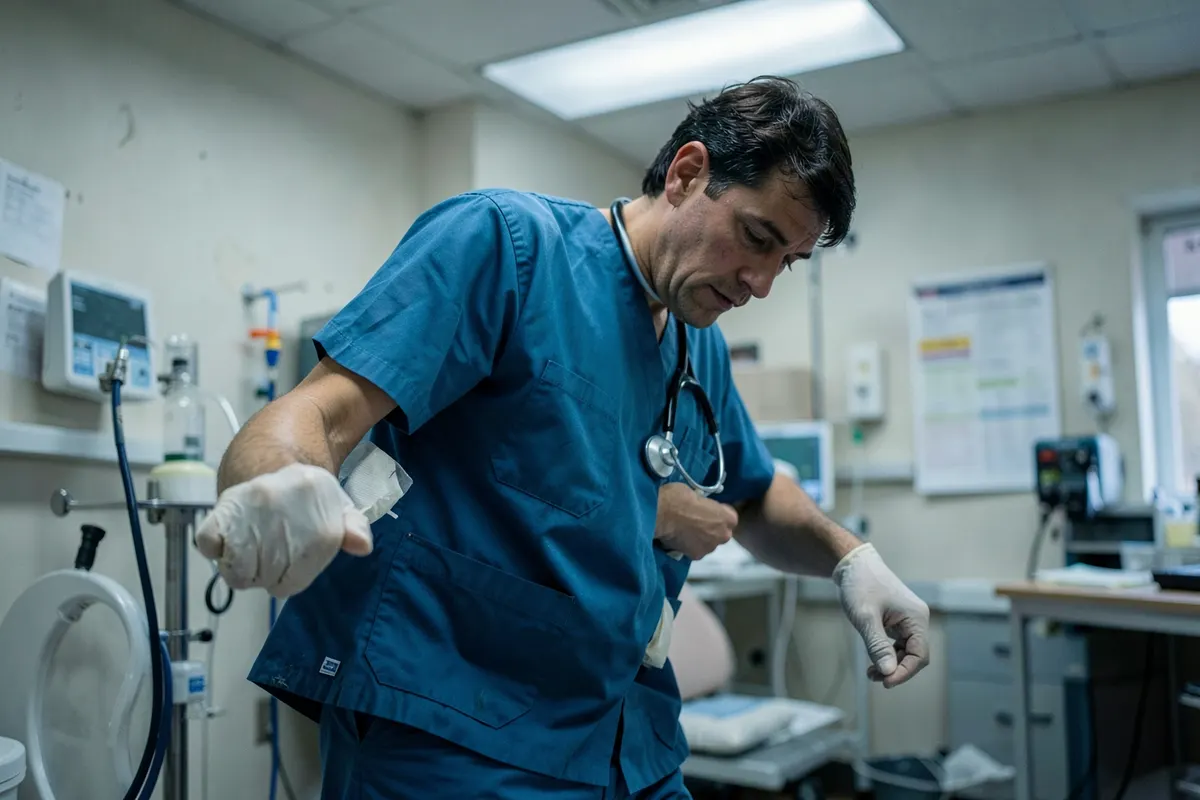 Cena de um profissional de saúde em um hospital, com equipamento médico e postura de risco ao manusear um paciente.