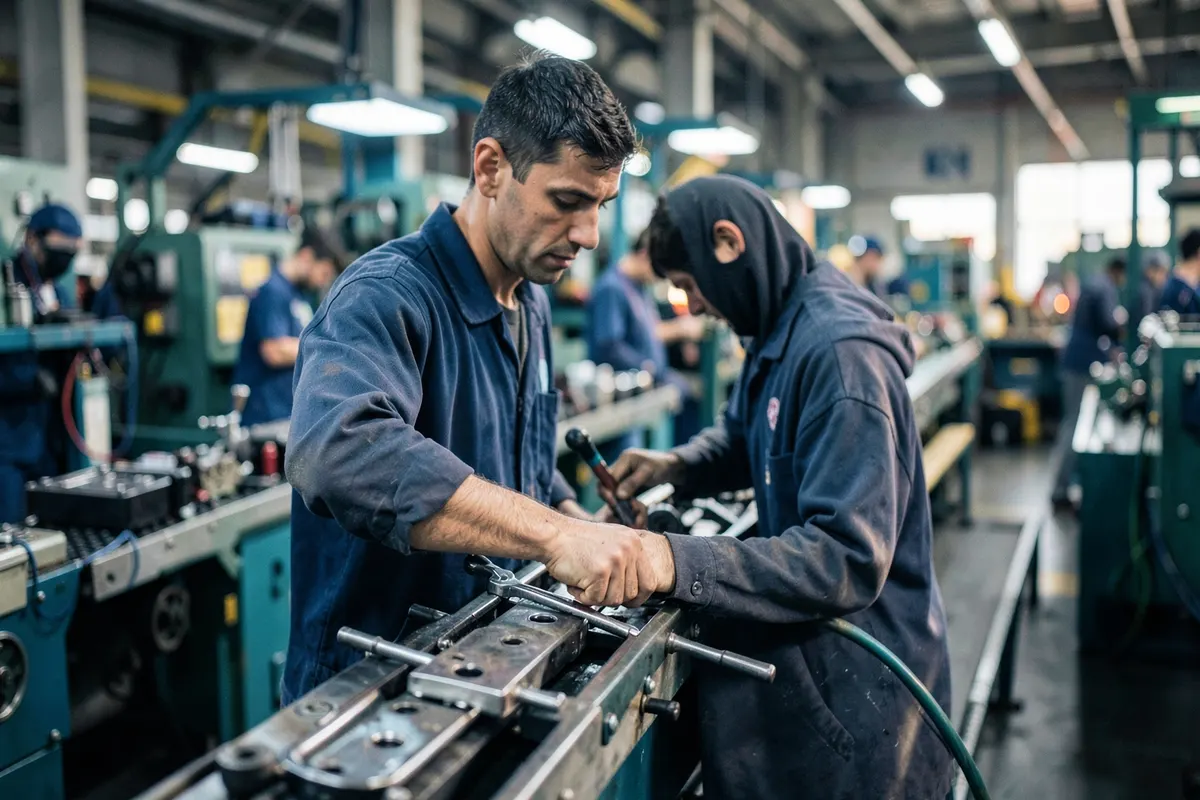Trabalhador em uma linha de montagem industrial, realizando movimentos repetitivos com ferramentas.
