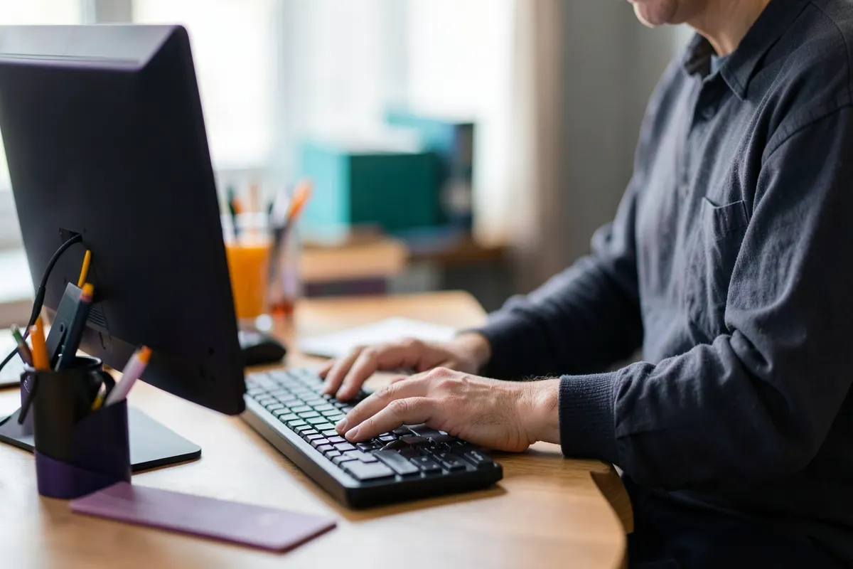 Profissional de escritório digitando em um computador com má postura, em um ambiente de trabalho moderno.