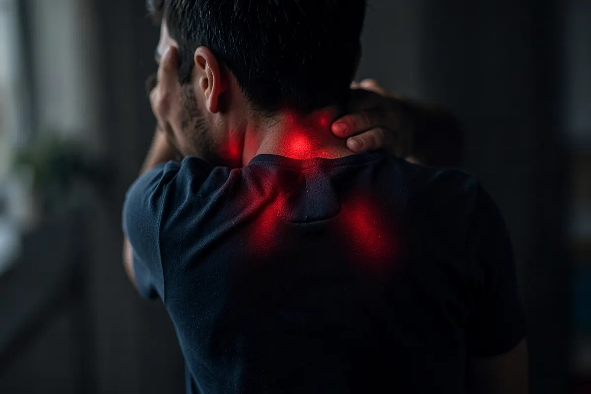 Representação visual de uma pessoa com dores nas costas e pescoço, com áreas de desconforto destacadas em vermelho.