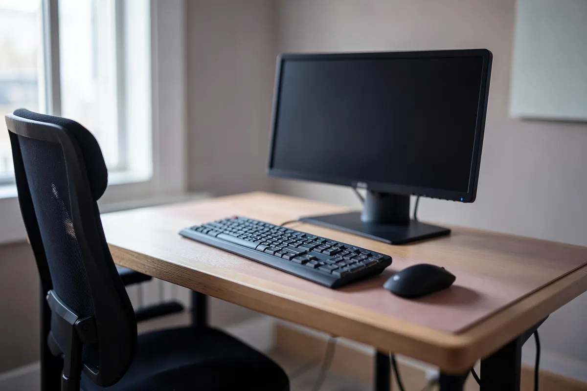 Mesa de escritório ergonômica com cadeira ajustável, monitor na altura correta e teclado/mouse ergonômicos.