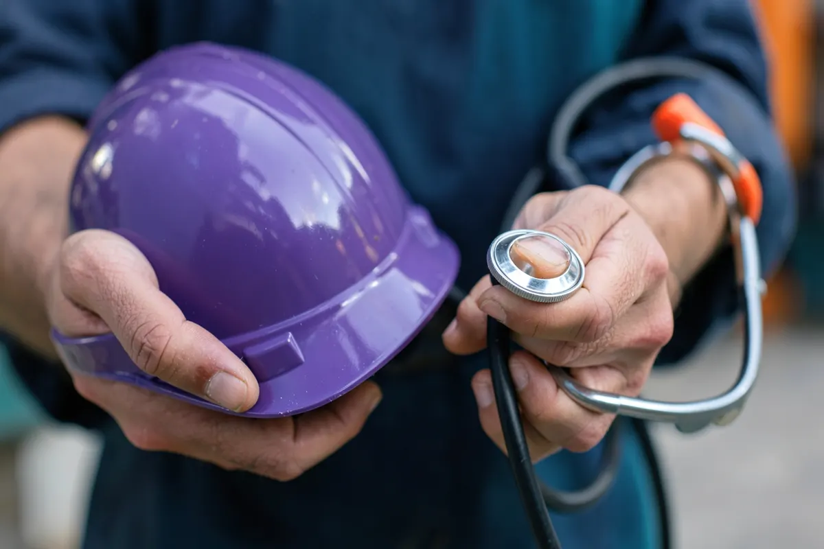 Mãos de um trabalhador segurando um capacete de segurança e um estetoscópio, simbolizando a saúde e segurança no trabalho.