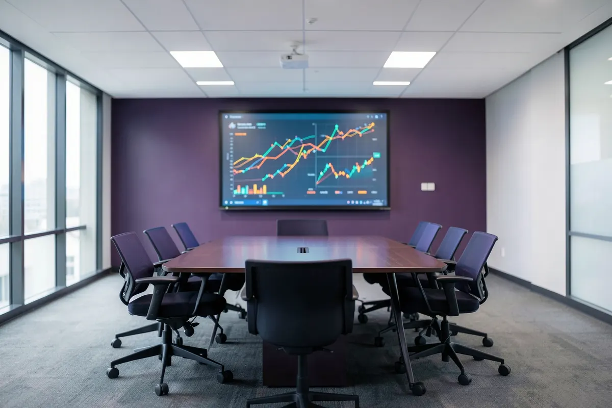 Uma sala de reuniões corporativa com uma mesa e cadeiras, onde um gráfico de dados está projetado em uma tela.