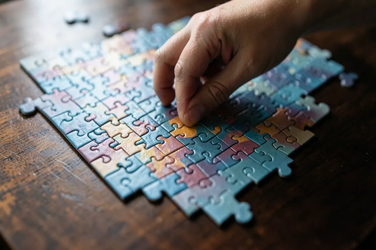 Uma mão colocando a última peça em um quebra-cabeça complexo, simbolizando a resolução de problemas em um contexto de negócios.