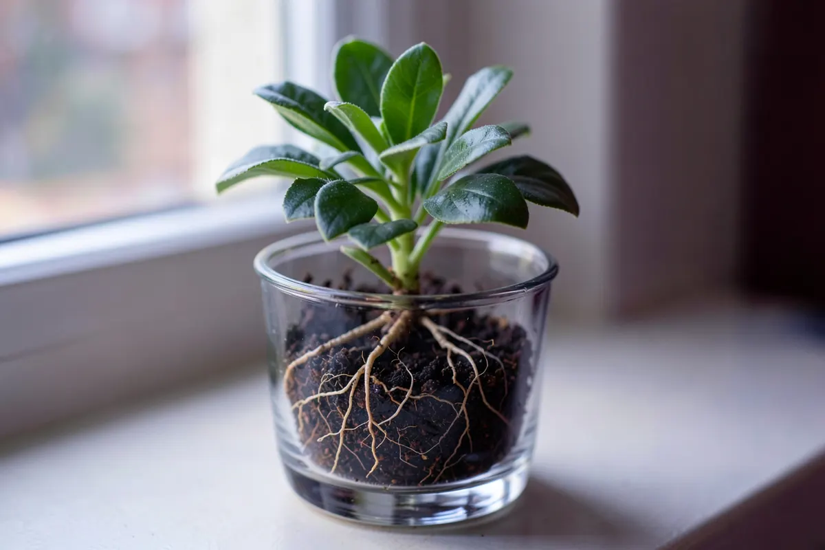 Uma planta crescendo em um vaso, com raízes visíveis através do vidro, simbolizando o crescimento e o desenvolvimento futuro.