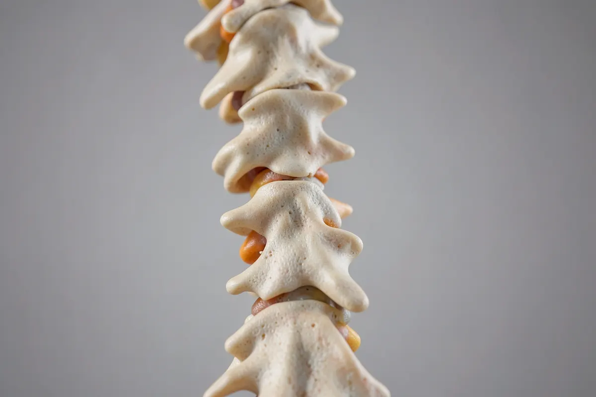 Close-up de uma coluna vertebral humana em 3D, destacando as vértebras e discos intervertebrais.