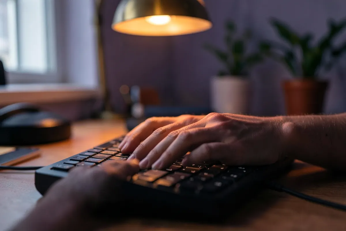 Mãos digitando em um teclado de computador com postura incorreta, com foco nos pulsos em ângulo.