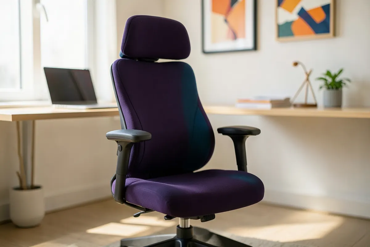 Uma cadeira de escritório ergonômica com suporte lombar ajustável e apoio de braços, em um ambiente de escritório claro.