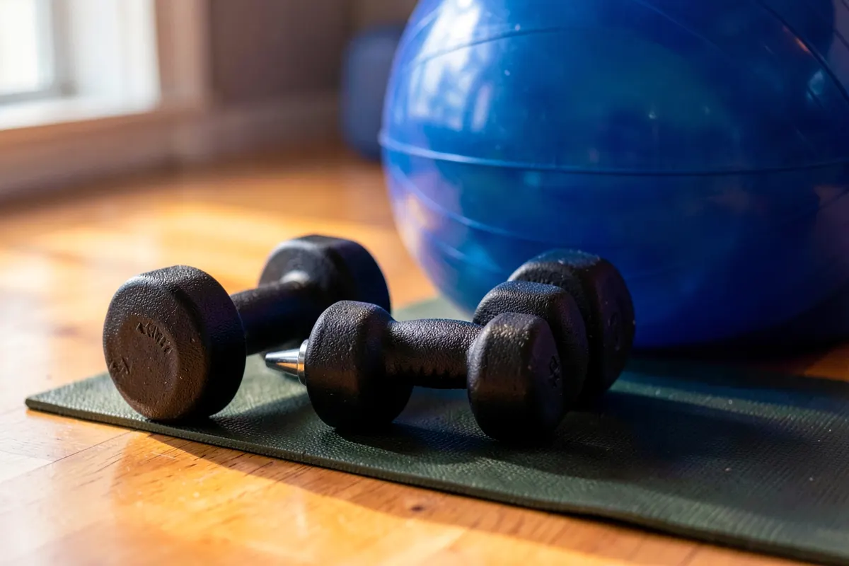 Um conjunto de pesos e uma bola de exercício em um tapete de yoga, sugerindo exercícios de fortalecimento.