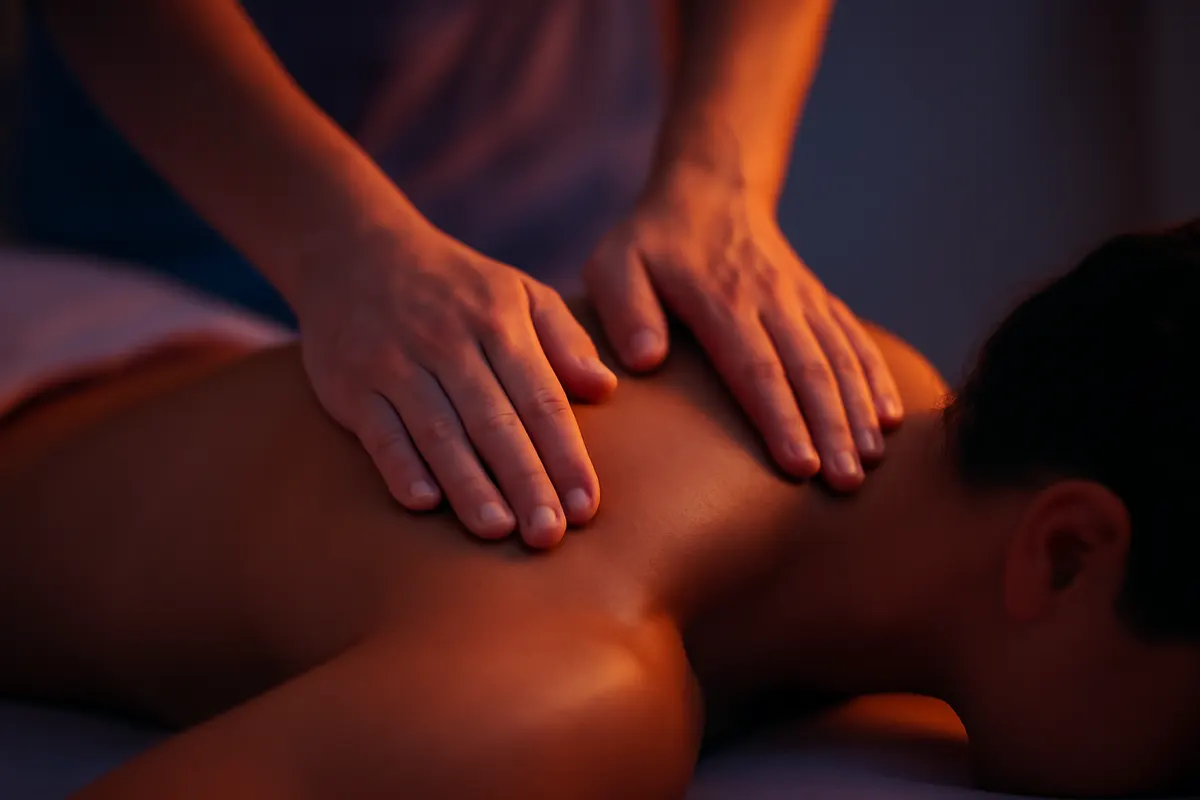 Uma pessoa recebendo massagem terapêutica nas costas e ombros.