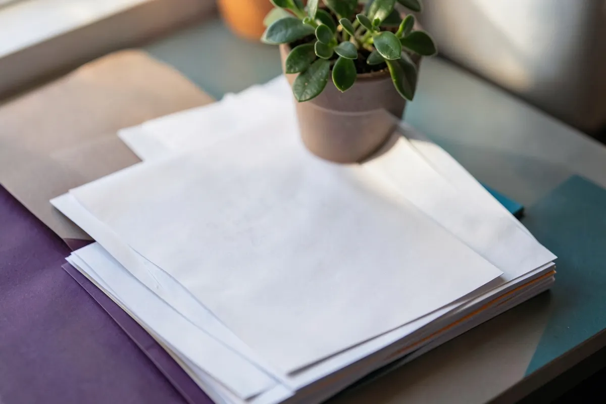 Uma pilha de papéis de escritório em uma mesa com uma planta pequena.