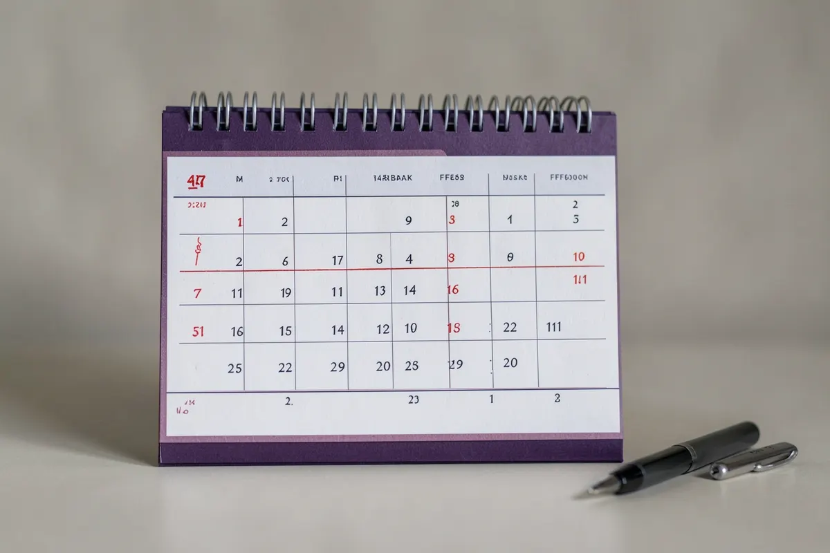 Um calendário com um dia marcado em vermelho e uma caneta ao lado.