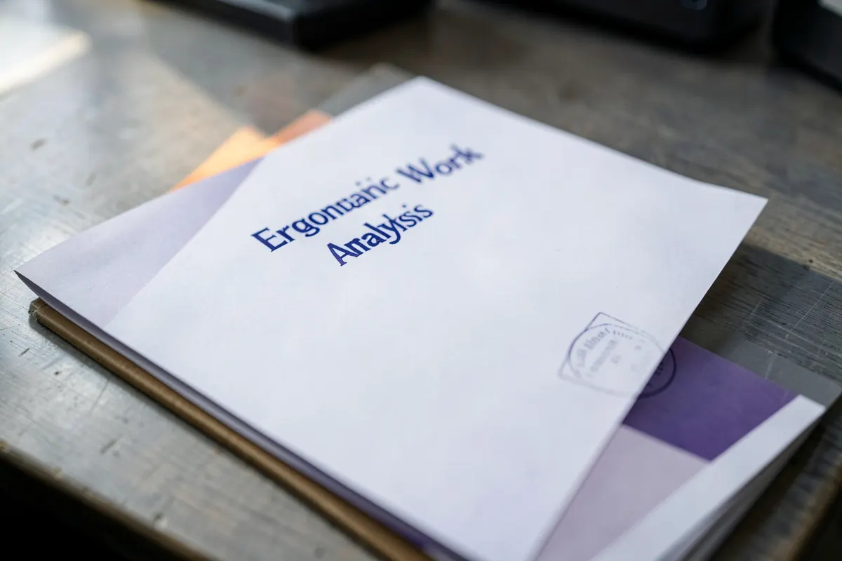 Um documento com o título "Análise Ergonômica do Trabalho" e um selo de aprovação, sobre uma mesa de escritório.