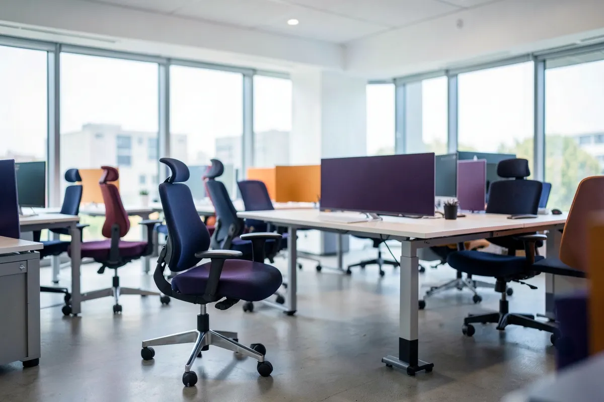 Um escritório moderno com mobiliário ergonômico e equipamentos de segurança, sugerindo um ambiente de trabalho saudável.