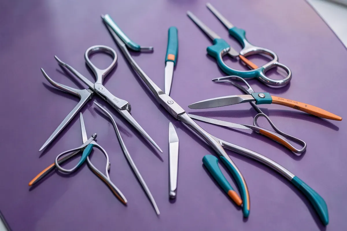 Uma coleção de ferramentas e equipamentos médicos, representando a variedade de distúrbios osteomusculares relacionados ao trabalho.