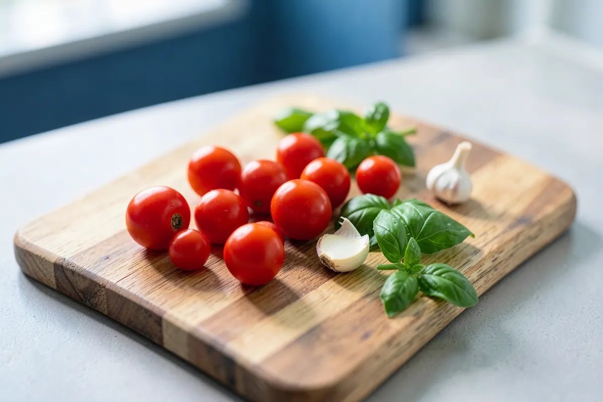 Mãos arrumando ingredientes frescos em uma tábua de corte: tomate cereja, manjericão e alho.