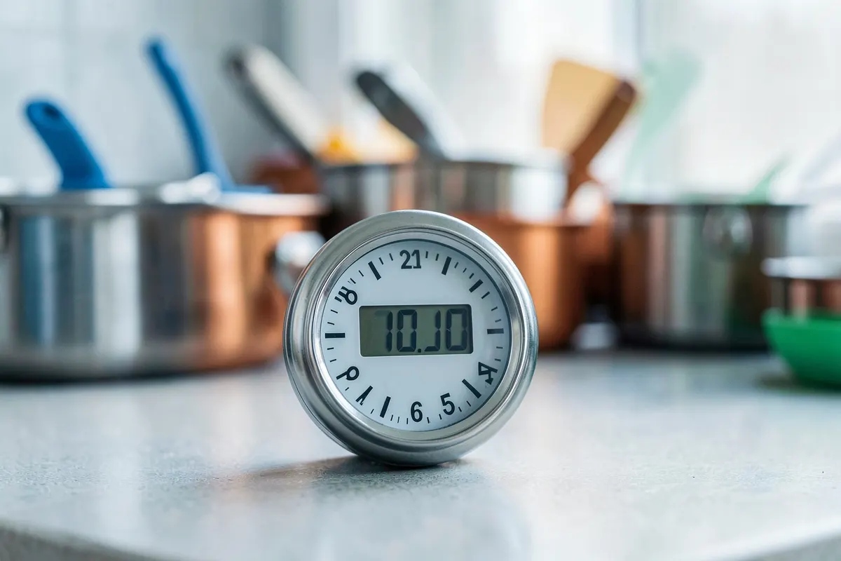 Um relógio de cozinha marcando menos de 30 minutos, com um fundo desfocado de utensílios.