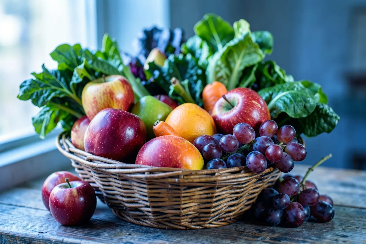 Uma variedade de frutas e vegetais frescos dispostos em uma cesta de vime.