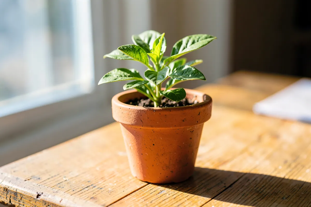 Uma planta verde crescendo em um vaso sobre uma mesa iluminada pelo sol.