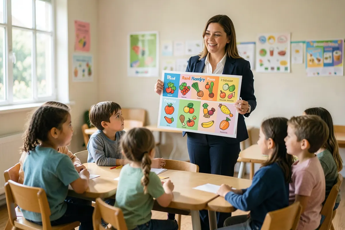 Um grupo de crianças sorrindo enquanto aprendem sobre alimentos em uma sala de aula com pôsteres coloridos.