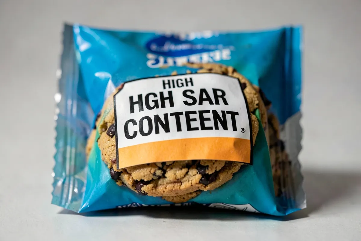 Um pacote de biscoitos industrializados com uma etiqueta de advertência sobre alto teor de açúcar.