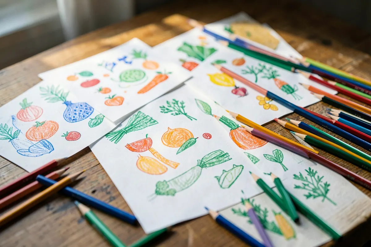Crianças desenhando em folhas de papel com lápis de cor sobre alimentos saudáveis.