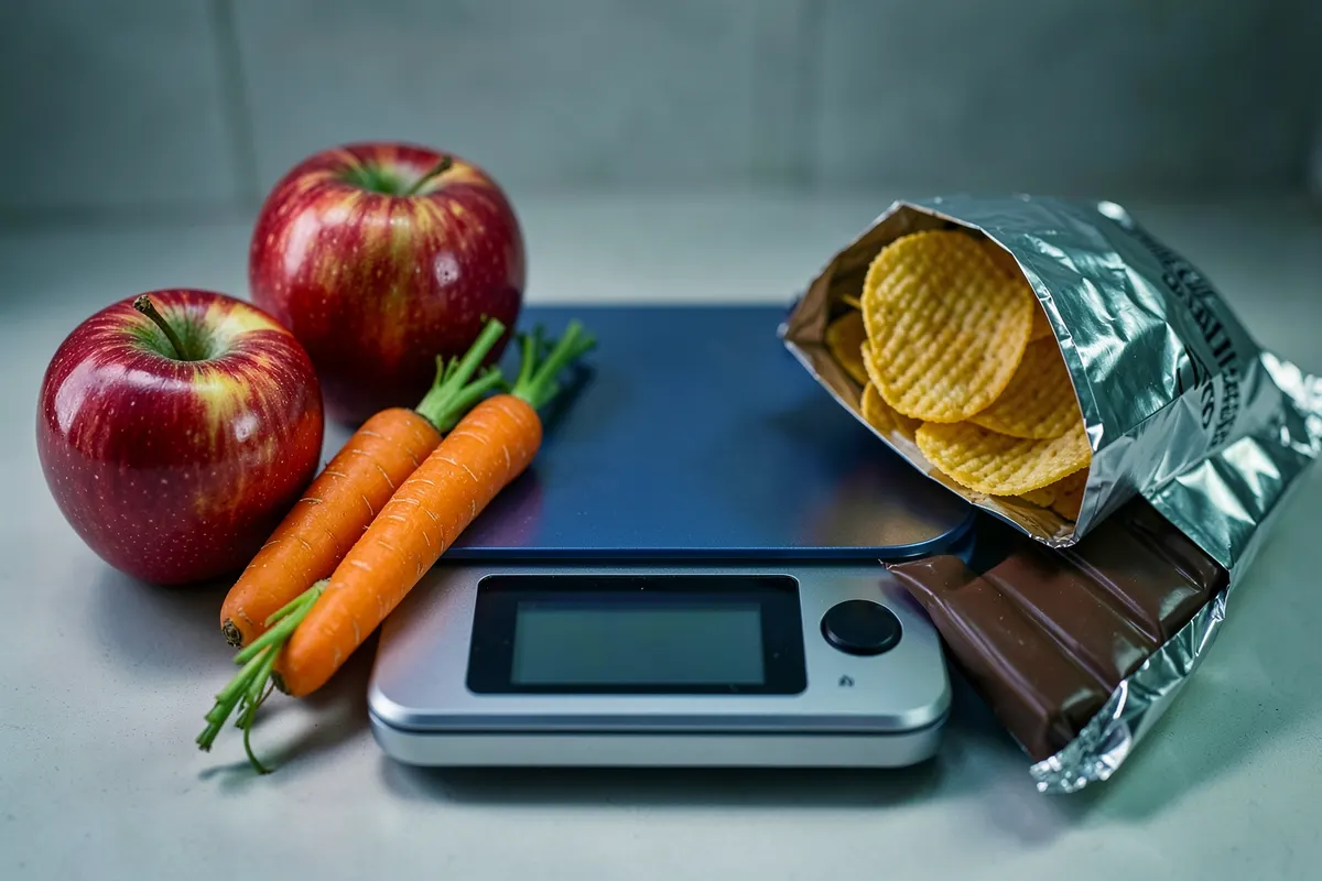 Uma balança de cozinha com frutas e vegetais de um lado e alimentos processados do outro.