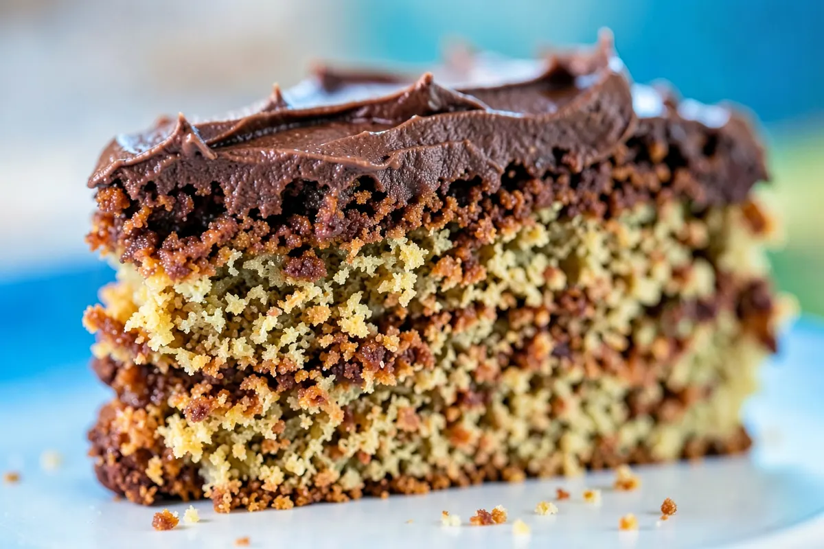Um close-up de um pedaço de bolo de cenoura com cobertura de chocolate, mostrando a textura fofa e úmida.